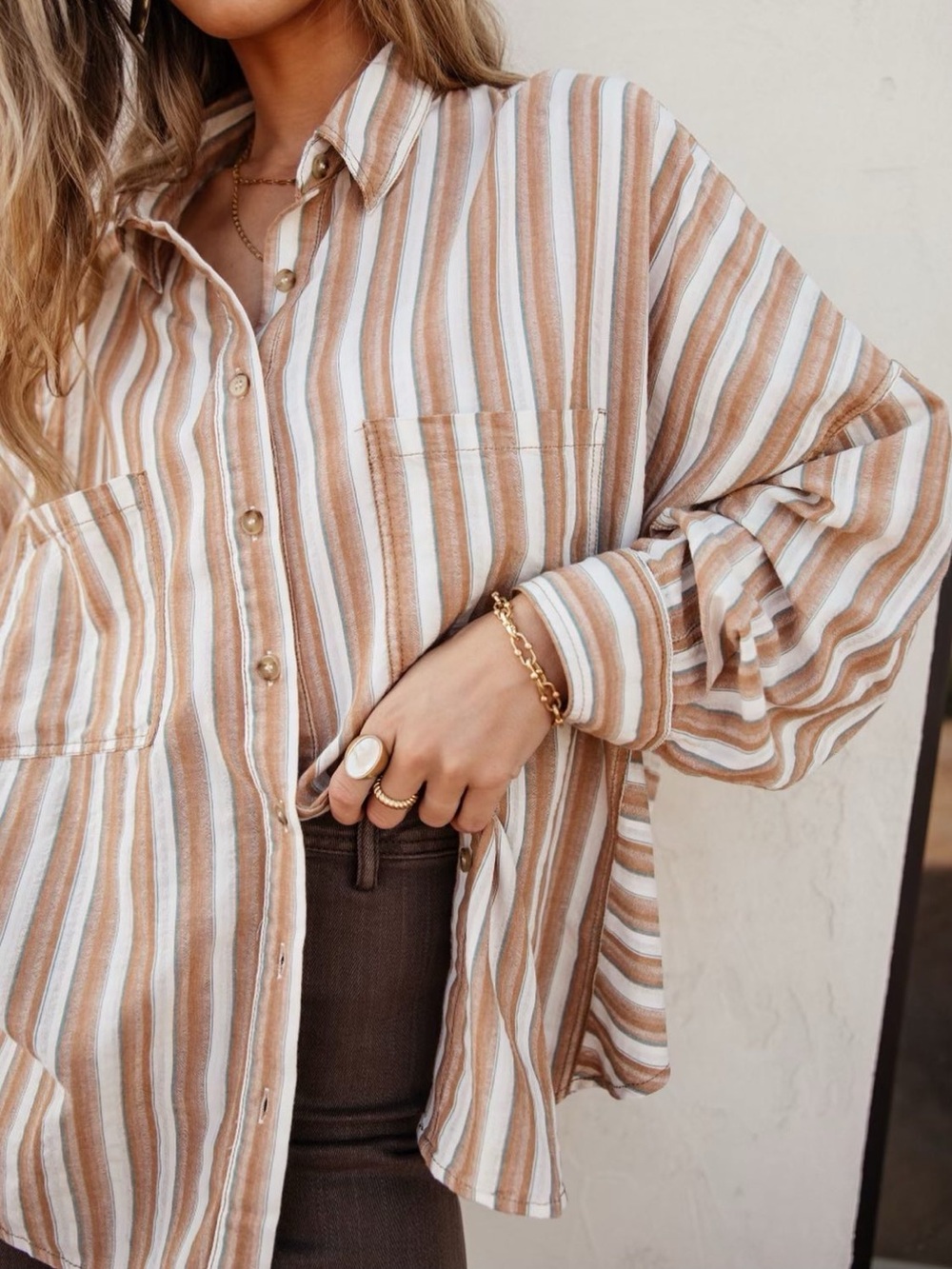 bohme Oversized Striped Button-Down Shirt in White and Tan